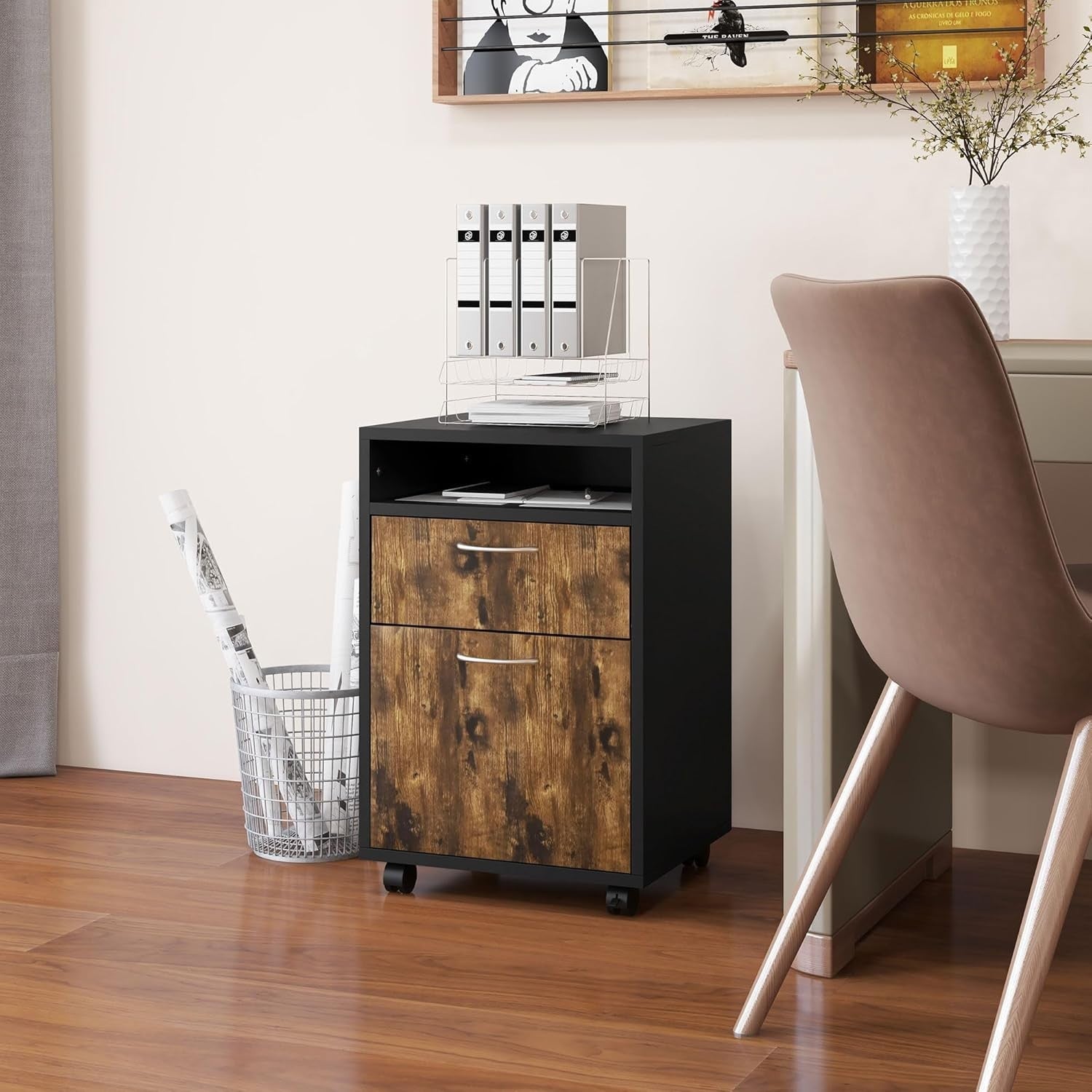 Rustic Brown Mobile Filing Cabinet with Wheels Drawer Storage for Home Office