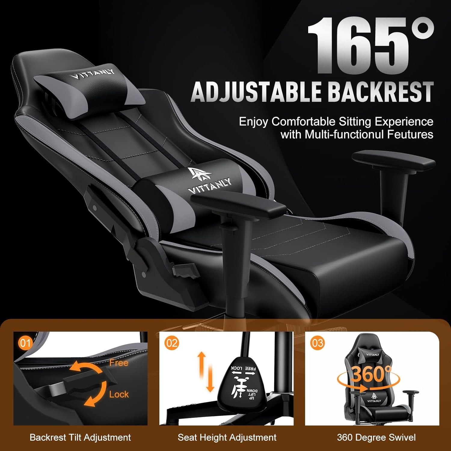 Ergonomic Gaming Chair Reclining Swivel Lumbar Support Grey