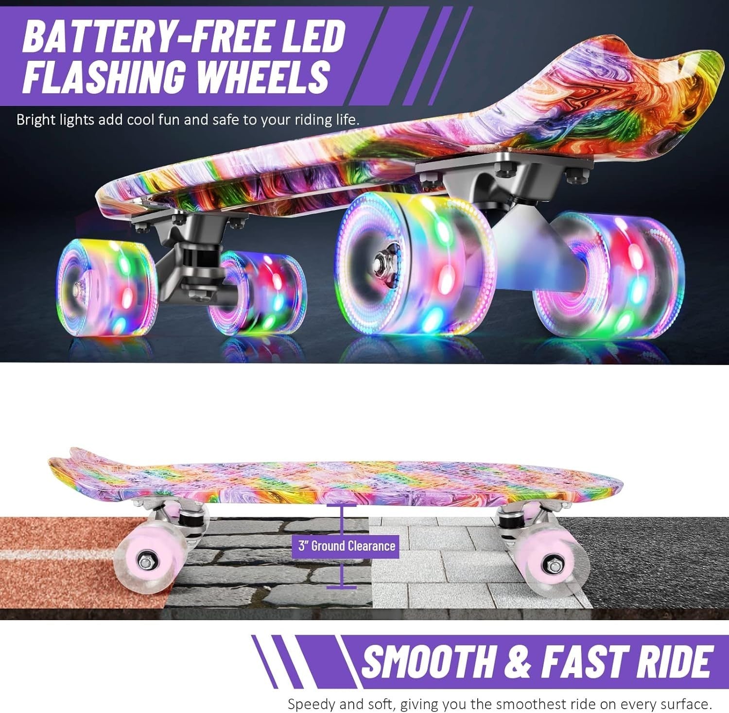 22in LED Mini Cruiser Skateboard Kids Teens Beginners Portable Board