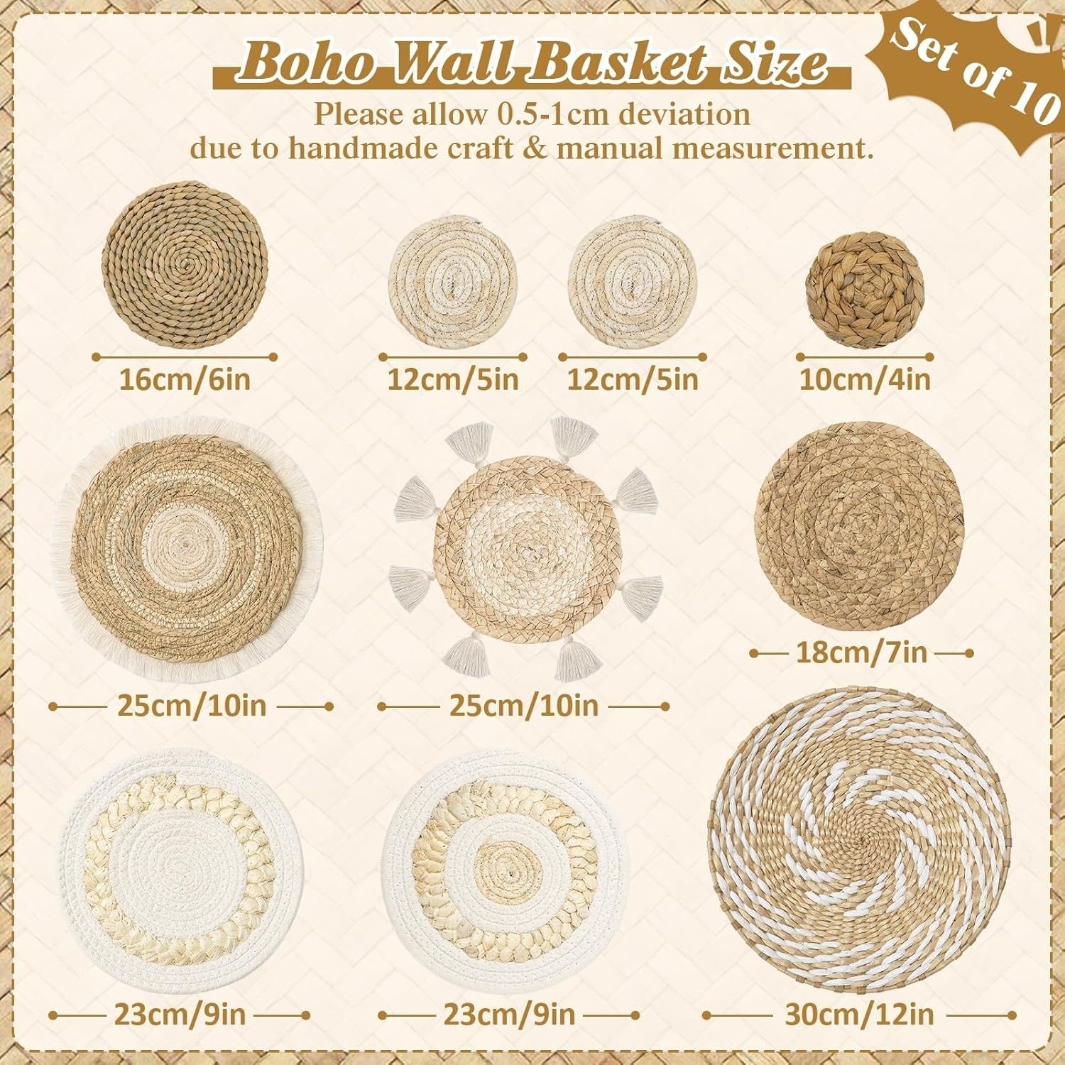 Boho Woven Wall Basket Decor Set of 10 Natural Handmade