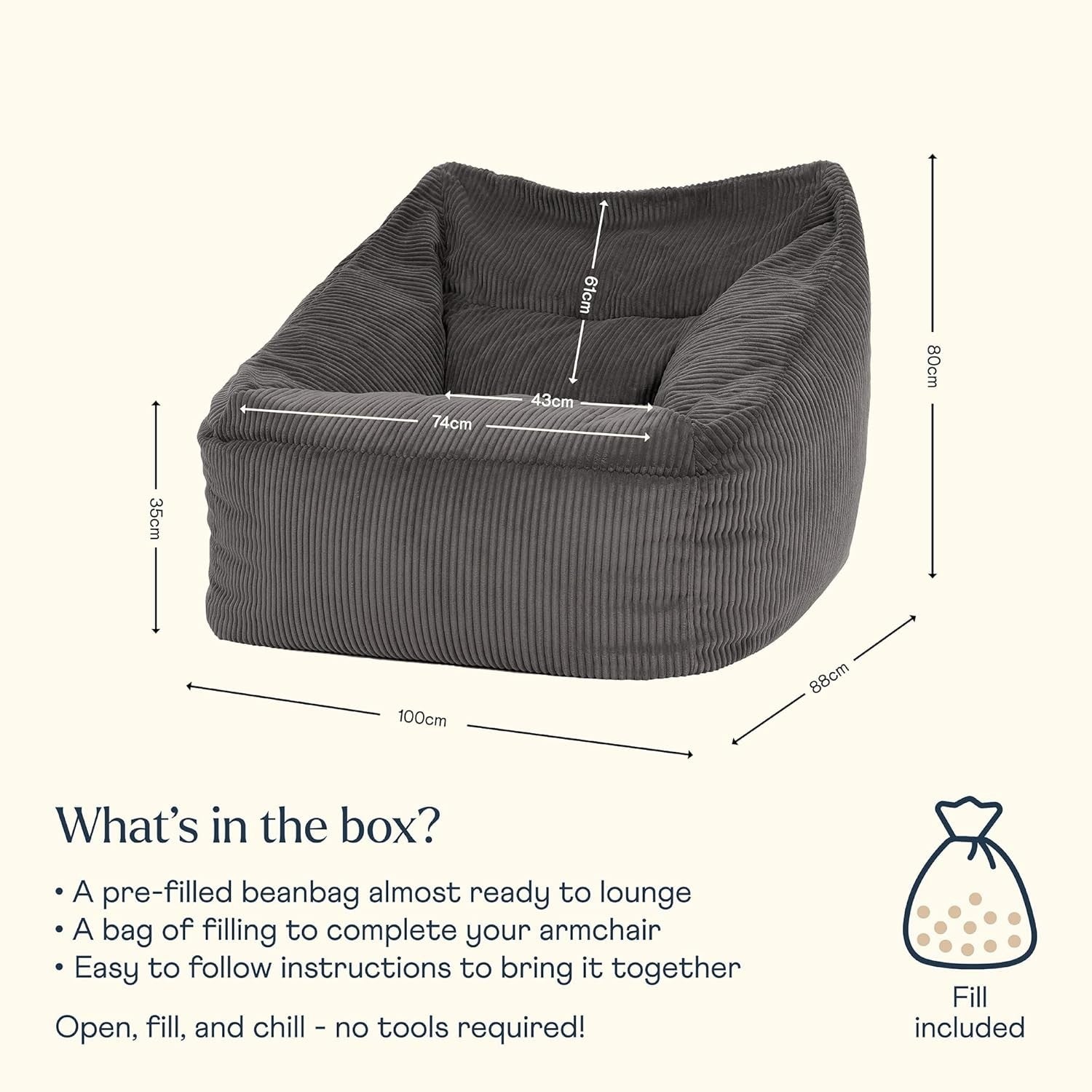 Charcoal Cord Bean Bag Chair Adult Sofa Armchair Seat Lounge Gaming Room