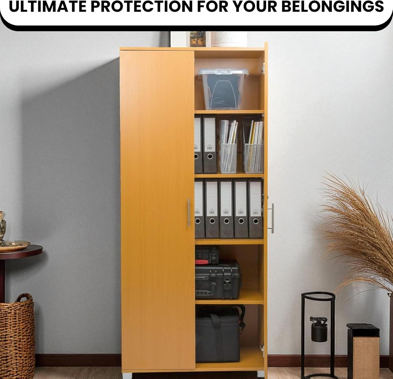 Tall Beech Storage Cupboard 2 Door Lockable Cabinet with 4 Shelves Office