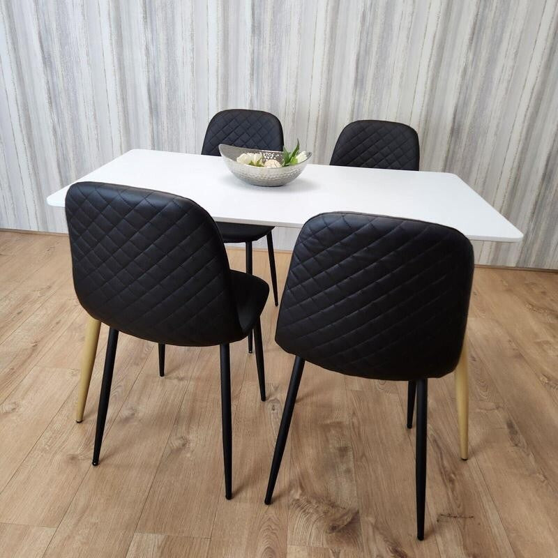 White Dining Table Set with 4 Black Faux Leather Chairs, Modern Kitchen
