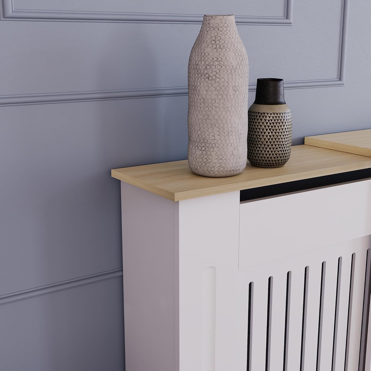 Adjustable White Radiator Cover Cabinet MDF Slatted Grill Modern Wooden Top
