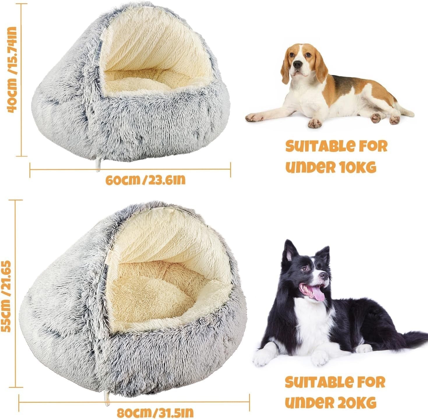 Fluffy Calming Dog Cave Bed 60x60x40cm Hooded Washable