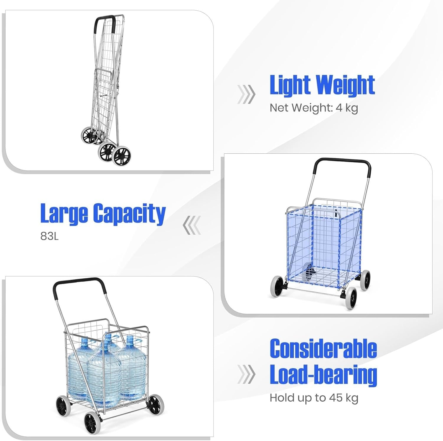 83L Folding Shopping Trolley Heavy Duty Metal Cart Grocery Push Wagon