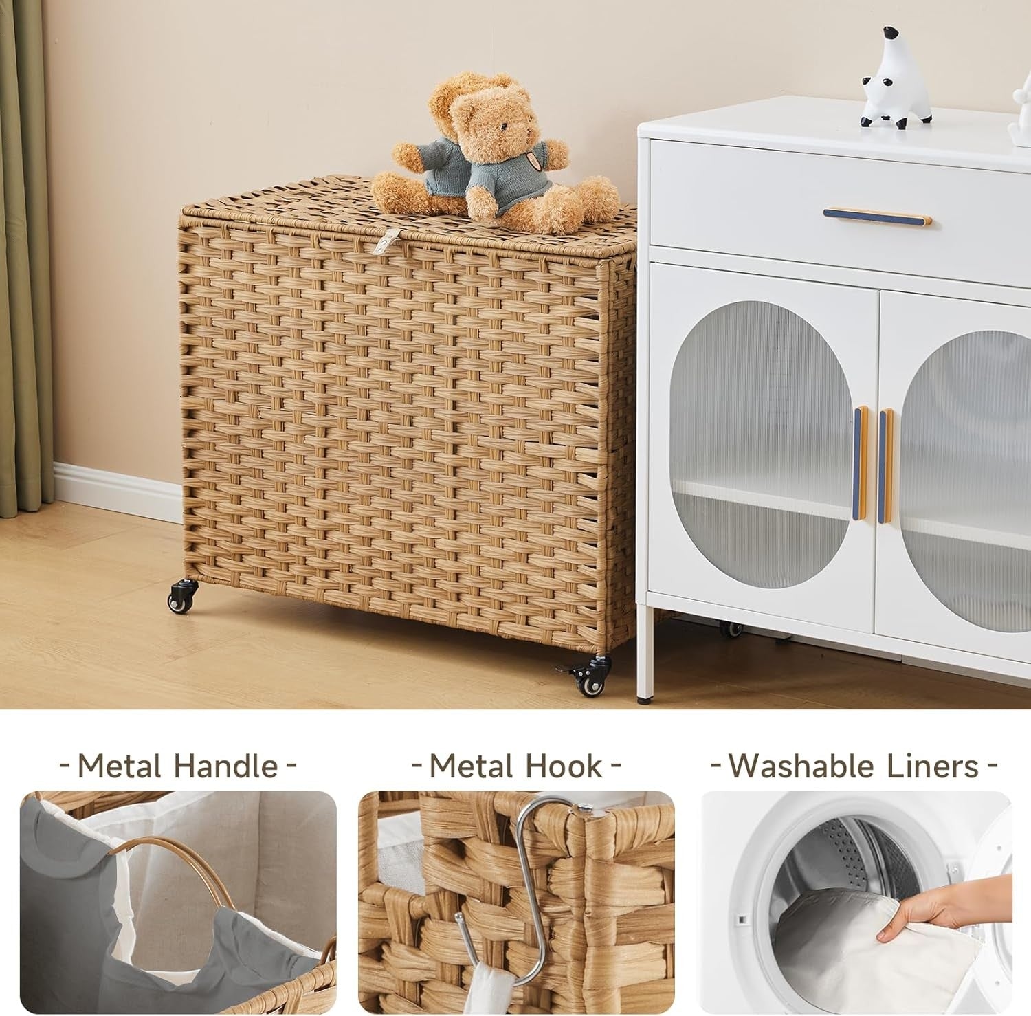 200L Wicker Laundry Hamper on Wheels | 3 Removable Bags & Lid | Large Natural Ba