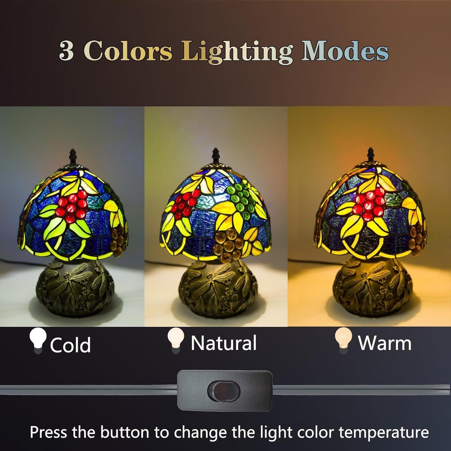 Small Tiffany Stained Glass Desk Lamp 8x8x11in 3 Color Temps USB Bedside