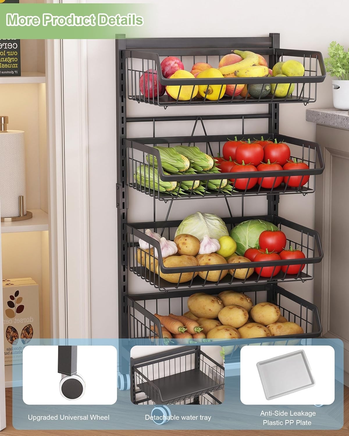 4 Tier Rolling Kitchen Storage Trolley Vegetable Rack Cart Black