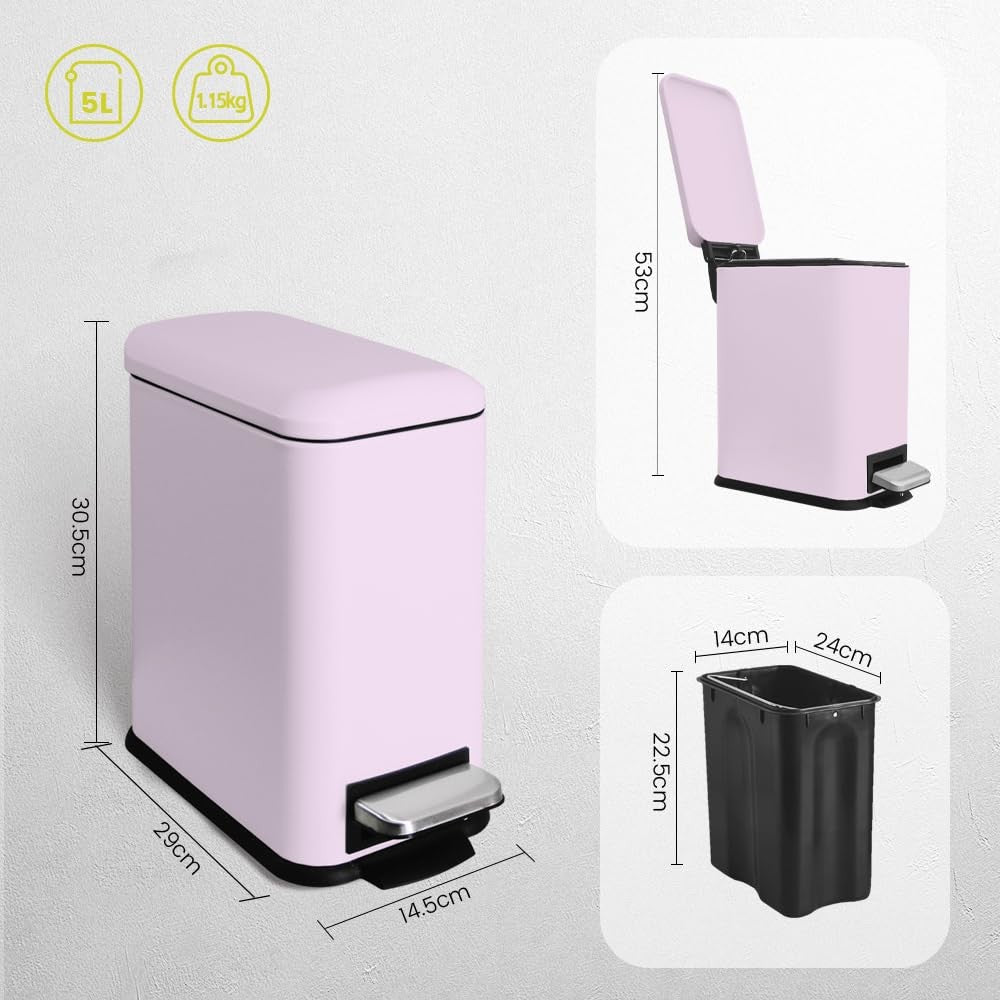 5L Bathroom Pedal Bin Soft Close Stainless Steel Pink