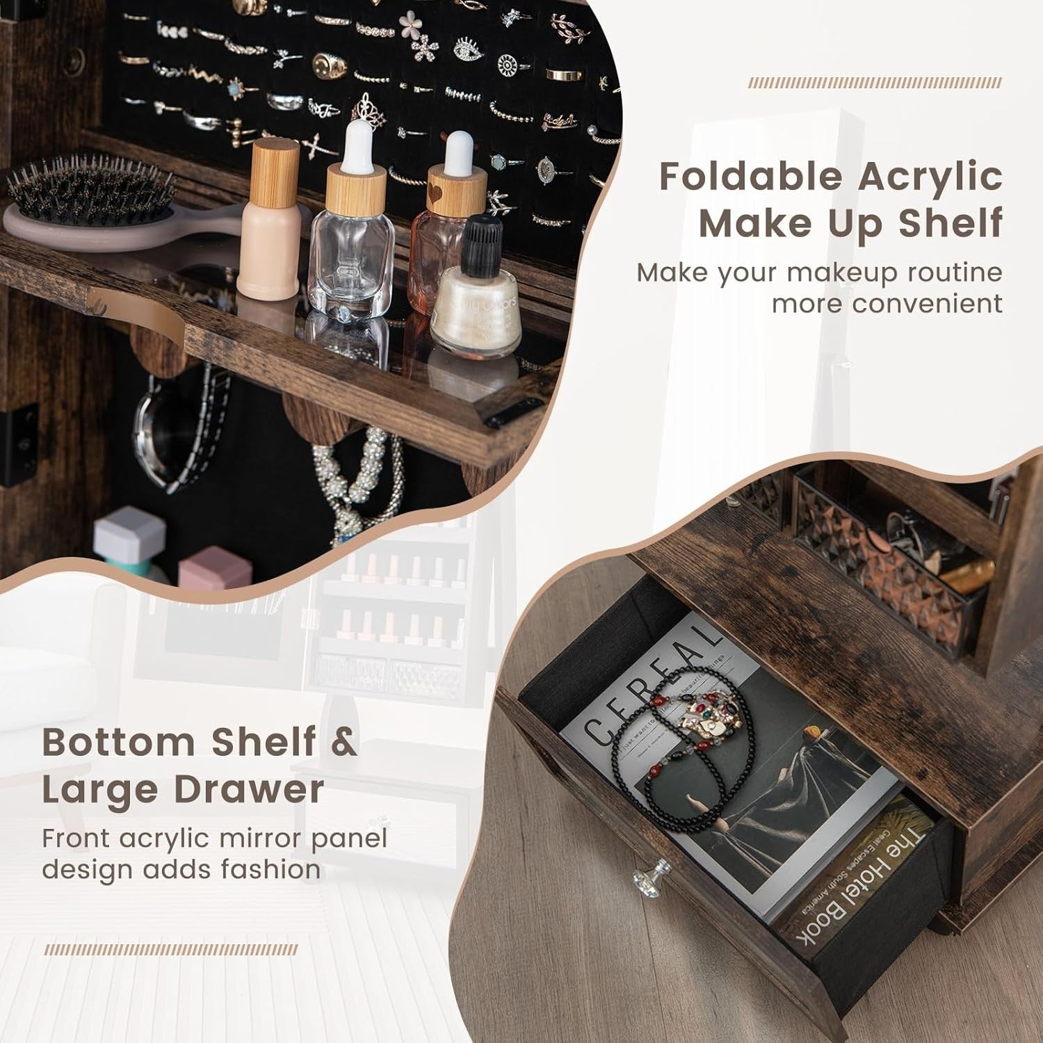 Rustic Brown LED Jewelry Armoire Lockable Mirror Cabinet with Wheels