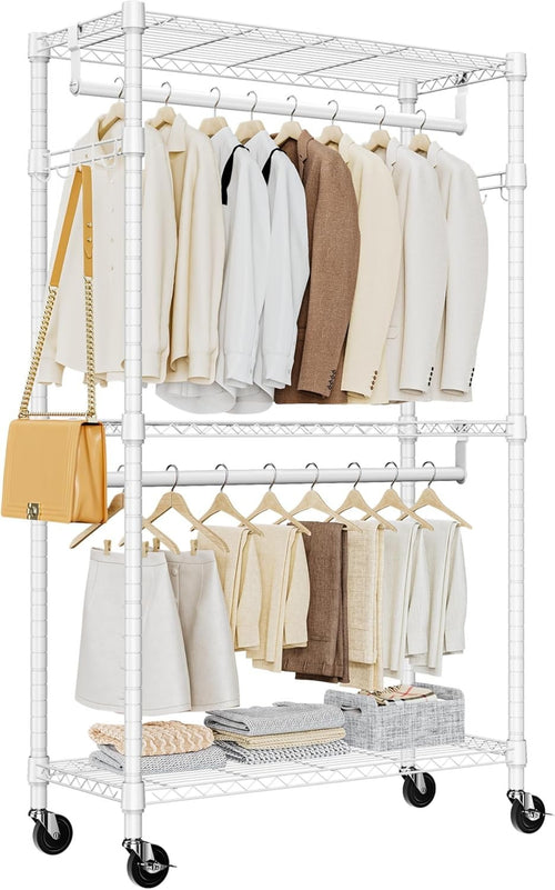 Heavy Duty White Garment Rack – 3 Tier, 2 Rods, 189cm with Wheels
