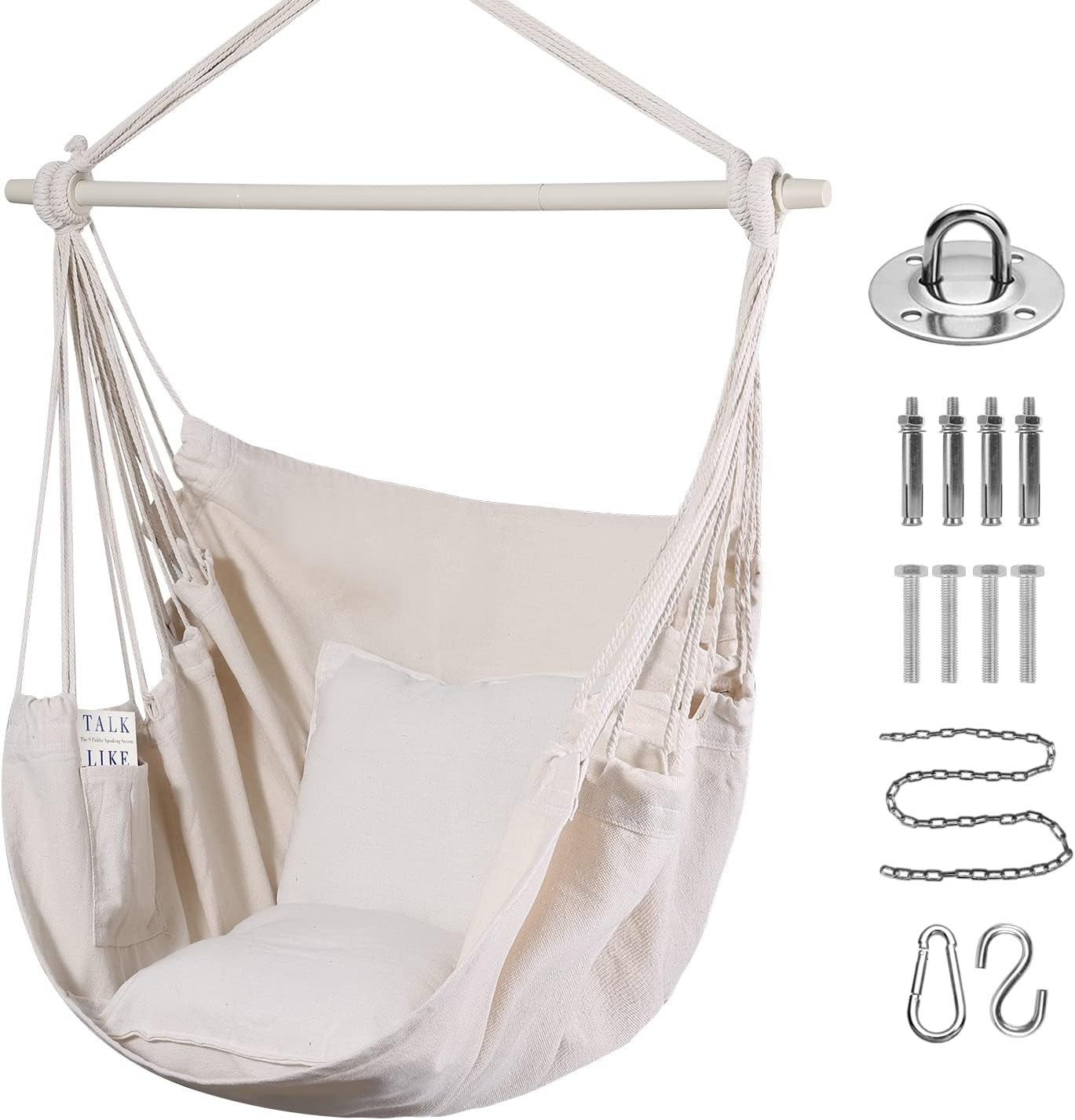 Beige Hammock Chair Swing w/ Pillows & Bar | Indoor Outdoor 330lbs Max