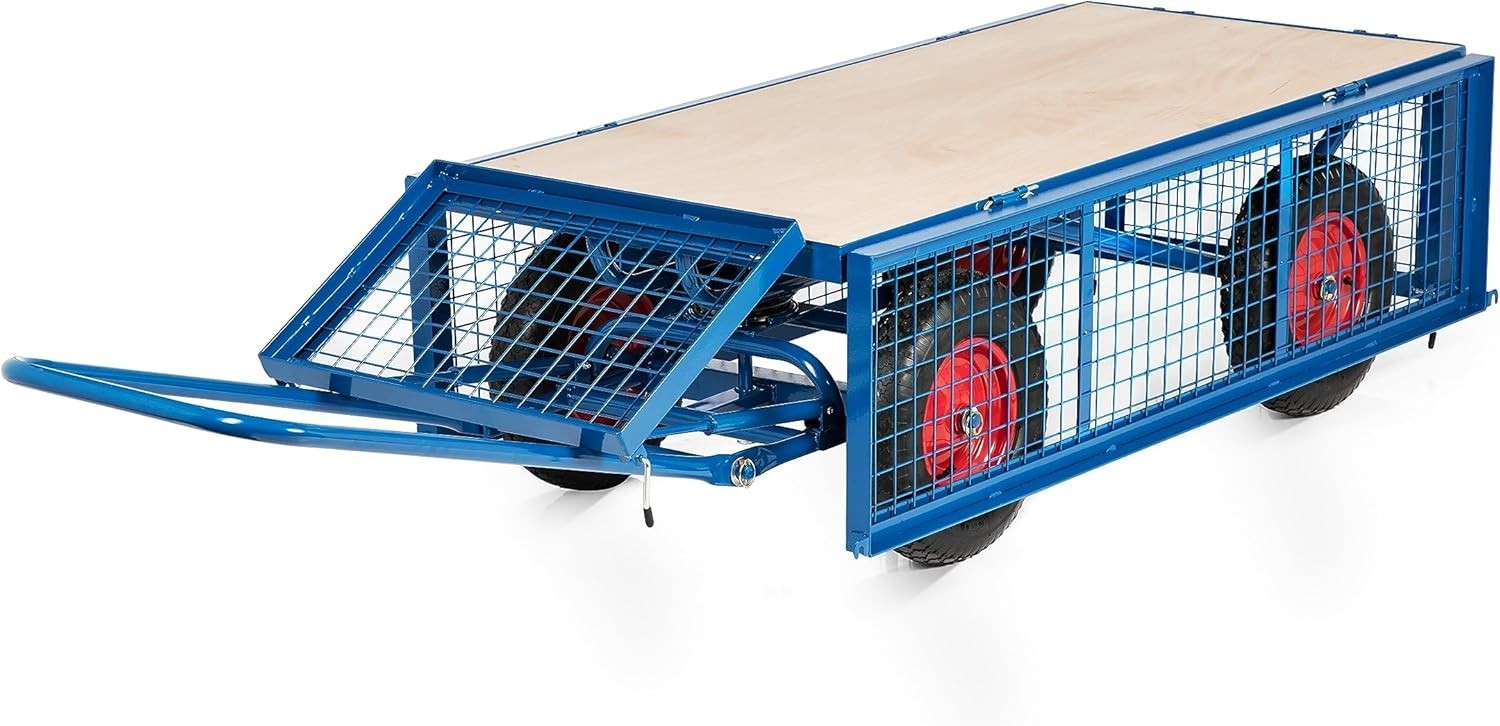 Heavy Duty 1000kg Platform Trolley Cart Mesh Sides Pneumatic Wheels