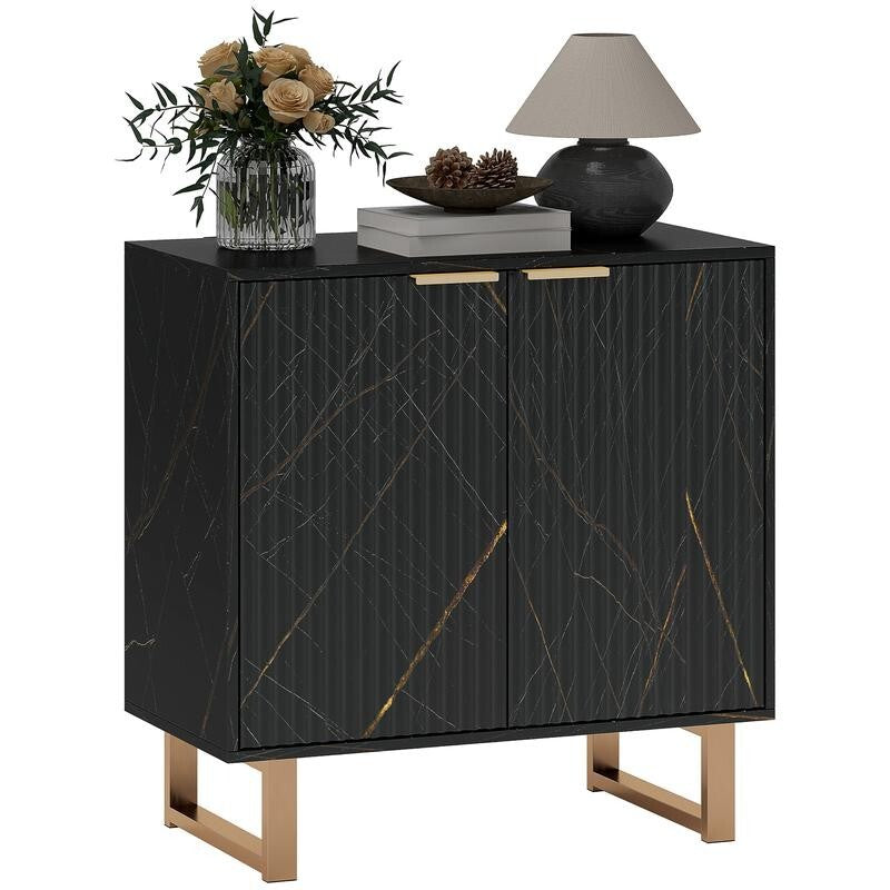 Black Marble Sideboard Cabinet 2 Door Storage Unit Gold Legs Modern Buffet