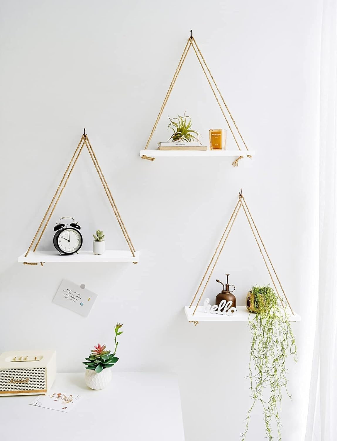 Wall Hanging Shelves Set of 3 Boho Rope Floating Wood Decor