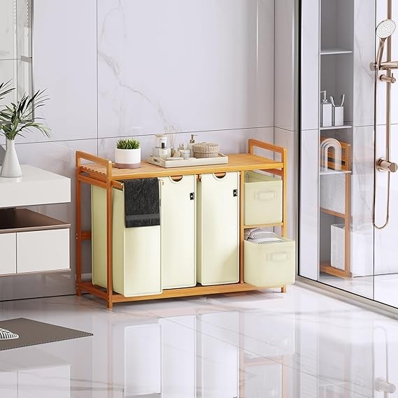 190L Bamboo Laundry Sorter with 3 Hampers, 2 Drawers & Shelf – Beige Storage