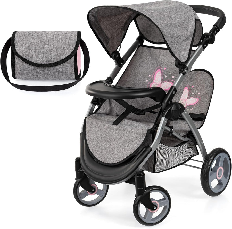 Twin Doll Pram Double Stroller Foldable Adjustable Handle Basket Bag