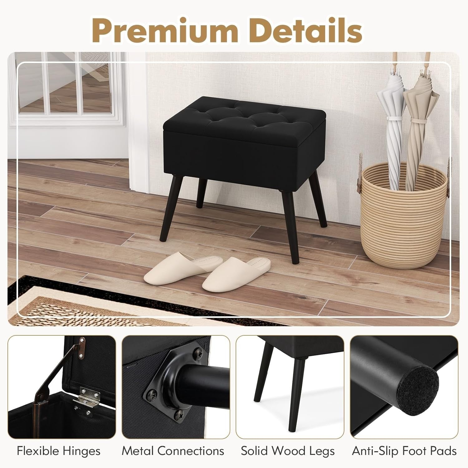 Black Velvet Flip-Top Footstool Storage Ottoman Vanity Stool with Wood Legs