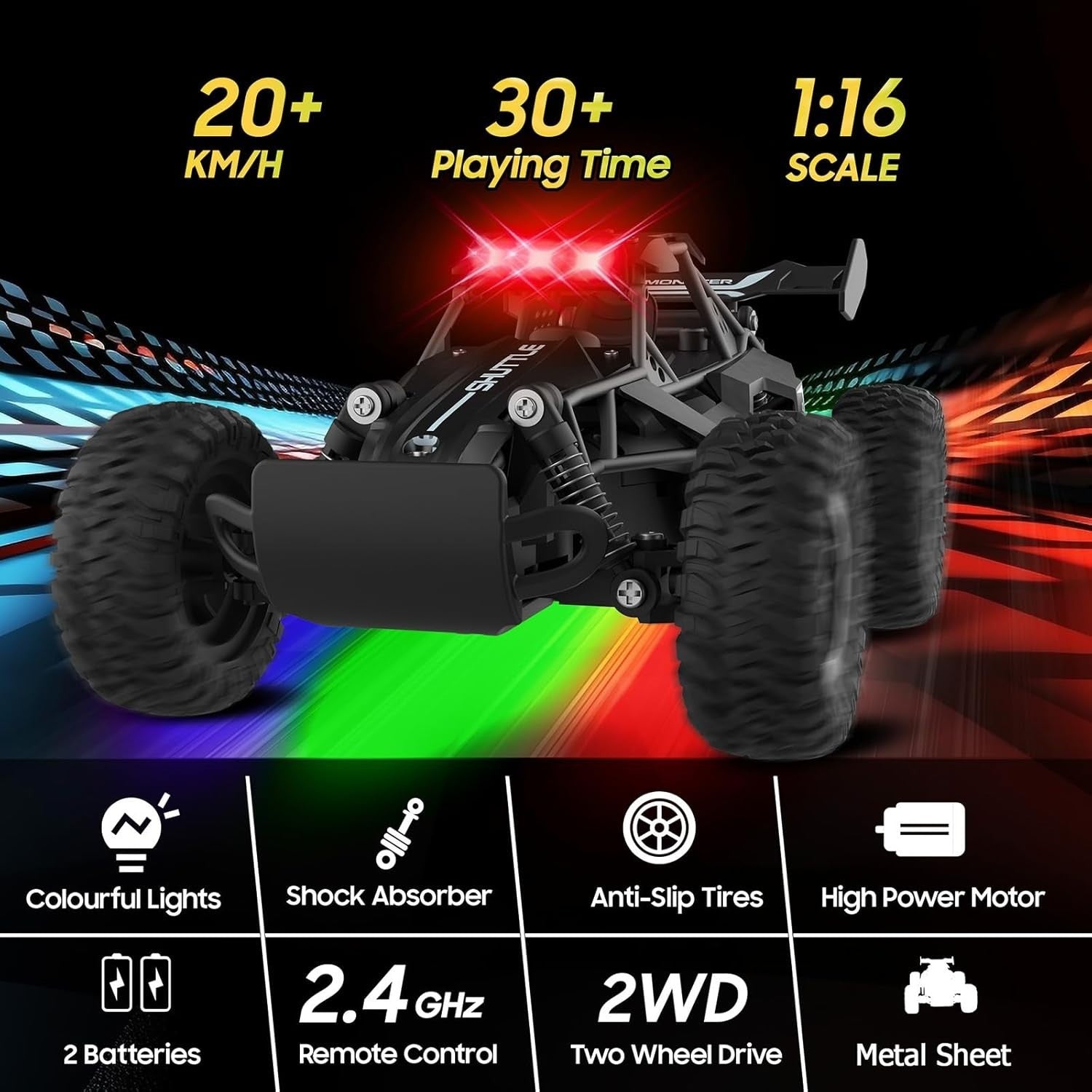 High-Speed 2WD RC Car for Kids with LED Lights & 2 Batteries – Black