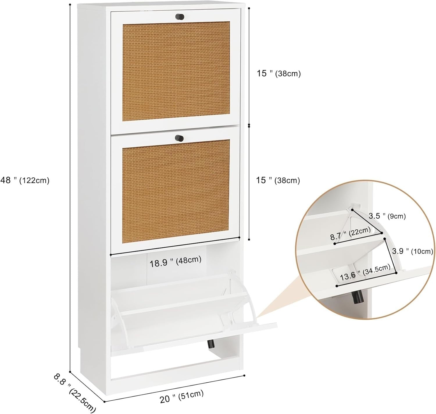 White Rattan Shoe Cabinet 3 Door Slim Storage Cupboard – Hallway Entryway