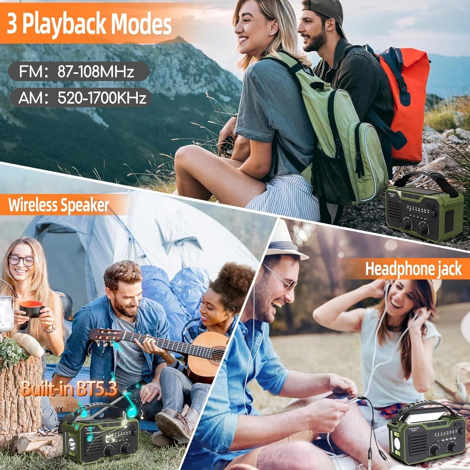 27000mAh Emergency Wind Up Radio, Solar FM AM, SOS Alarm & Flashlight