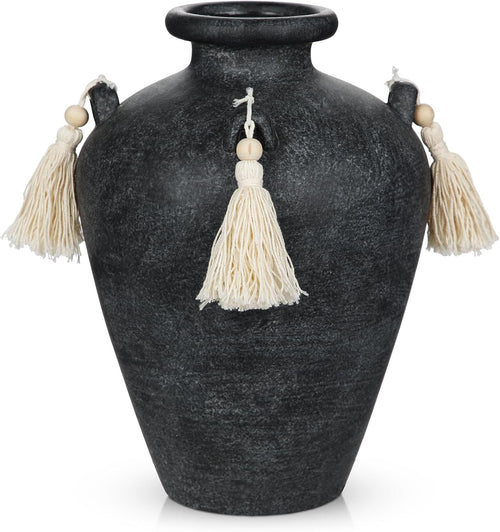 Black Ceramic Vase with Tassels Boho Pampas Grass Rustic Home Decor 24cm
