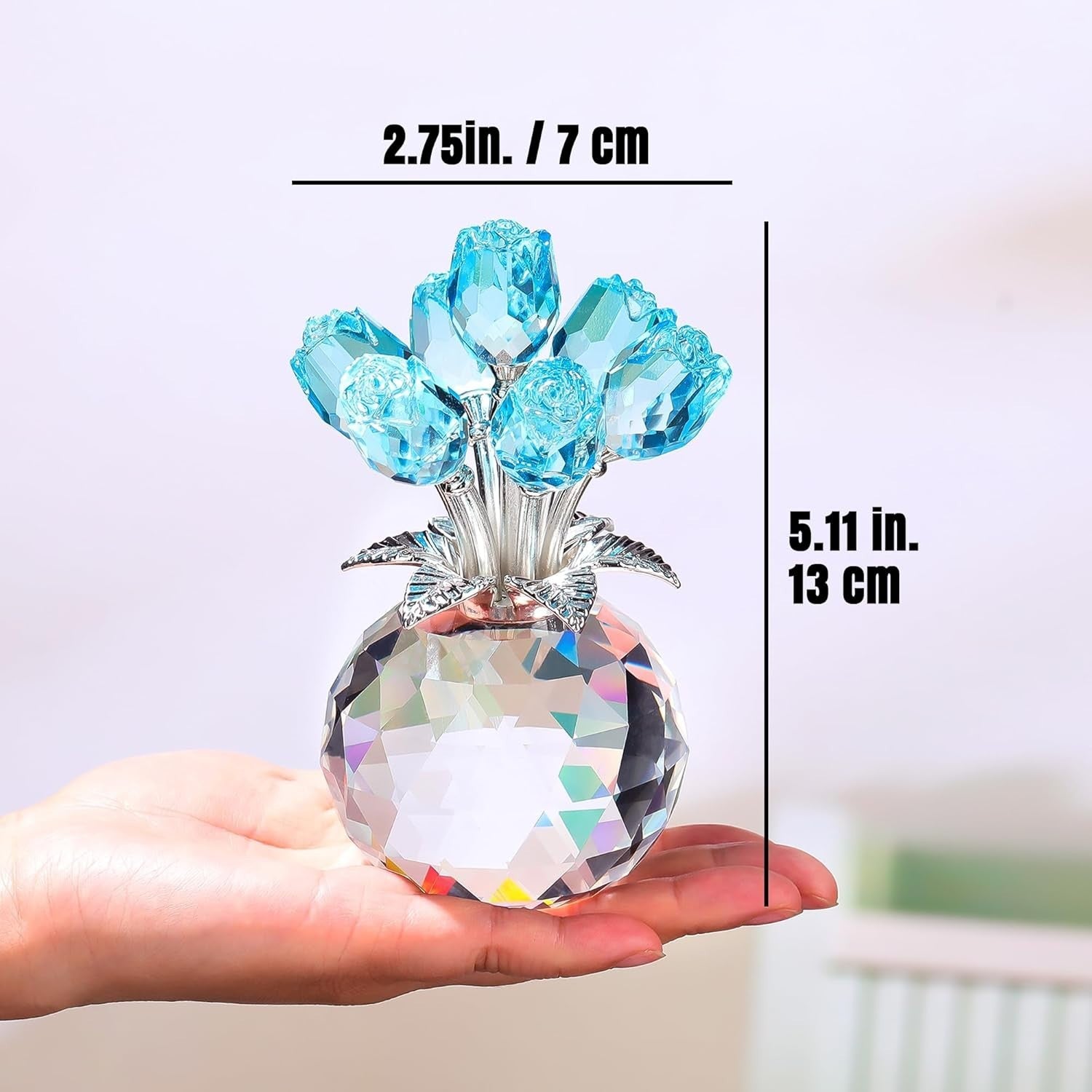 Light Blue Crystal Rose Bouquet Ornament Gift for Women Wife Anniversary Wedding