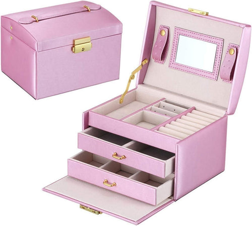Lilac PU Leather Jewelry Box with Mirror Lock 3 Tier Organizer 2 Drawers