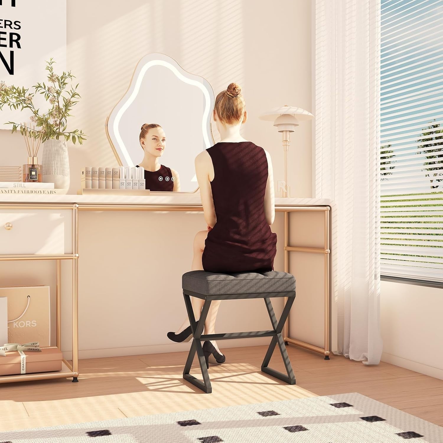Grey Linen Vanity Stool with X-Shaped Metal Legs Footrest Bench 40×30×46cm