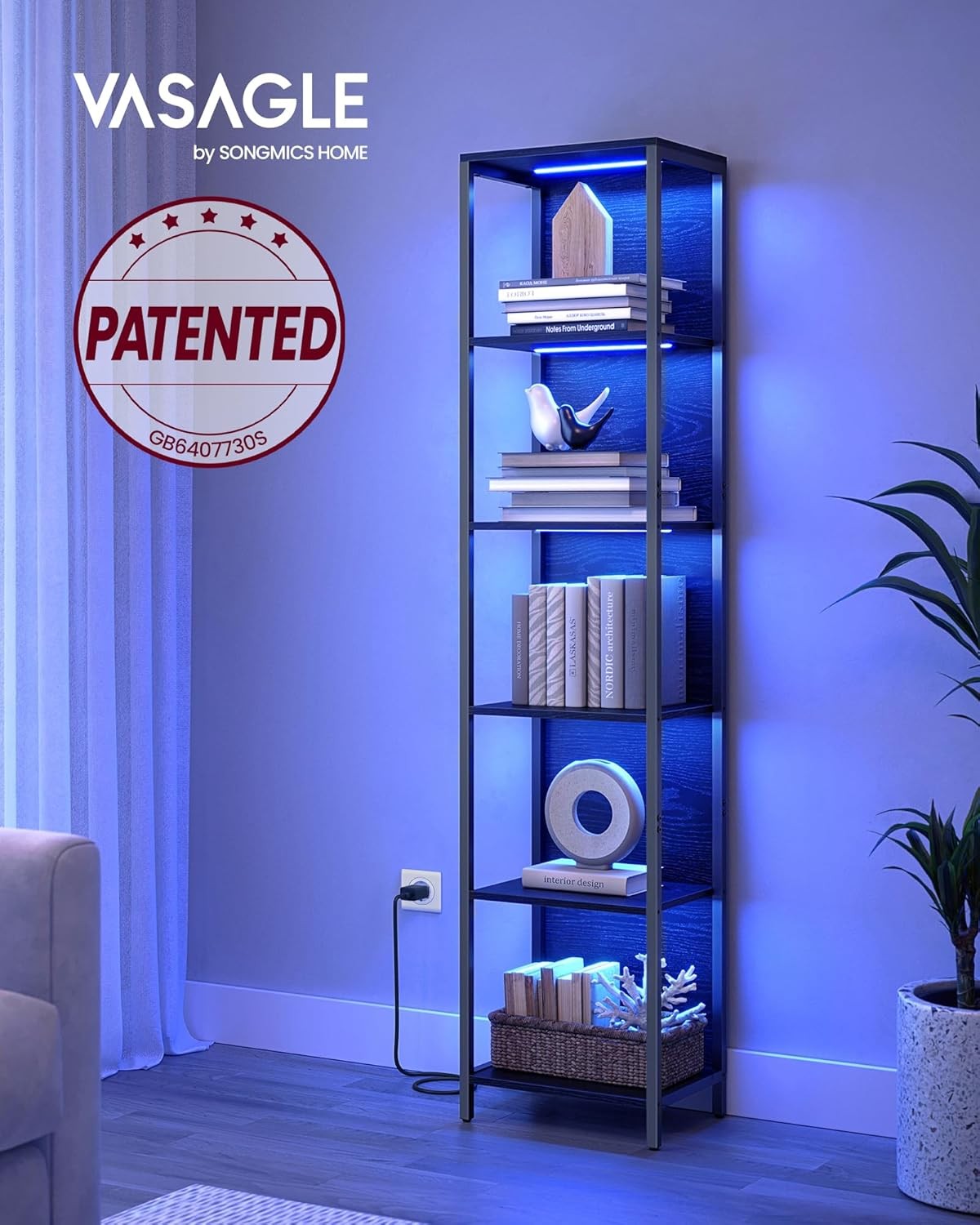 6-Tier LED Bookshelf Tall Storage Unit with Dimmable Lights Modern Display Shelf