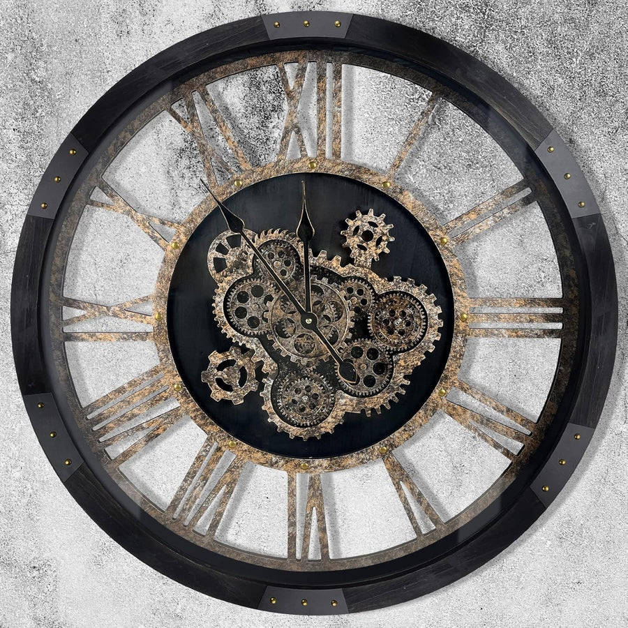 36” Industrial Wall Clock Large Steampunk Gears Vintage Wood Decor