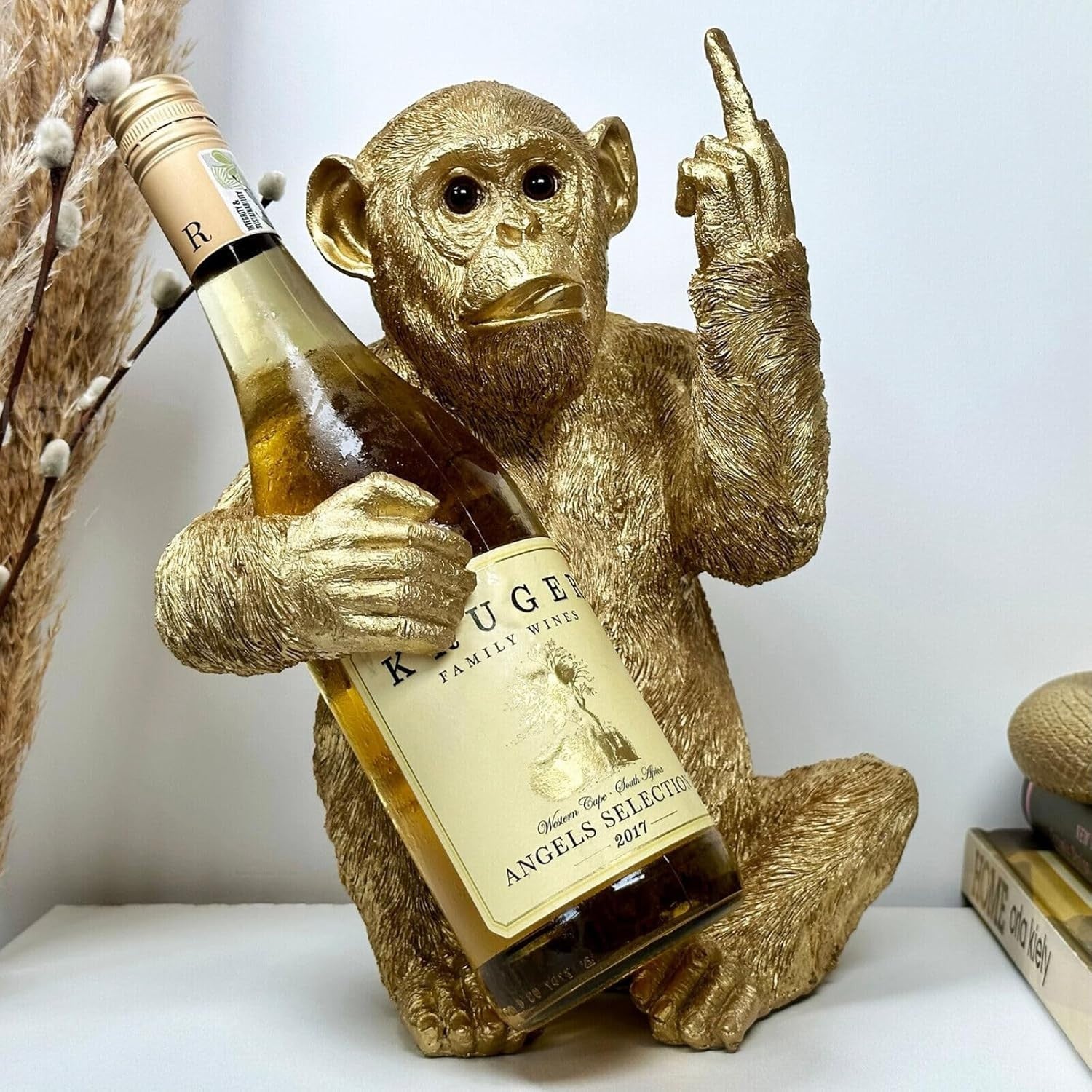 Gold Monkey Wine Bottle Holder Resin Bar Ornament Novelty Drinks Display 28cm