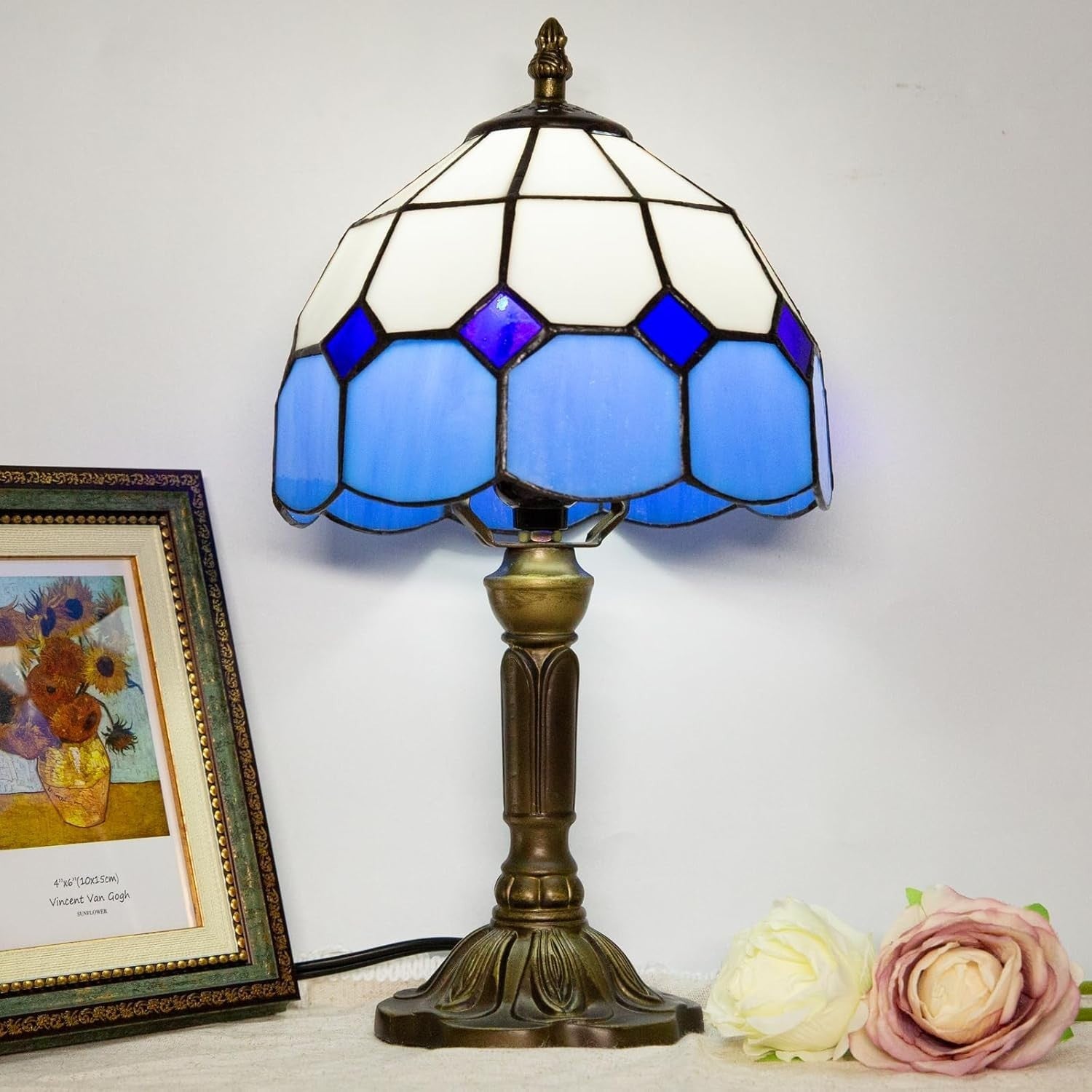 Blue Tiffany Style Stained Glass Table Lamp, 3-Color Dimmable E27 Bulb
