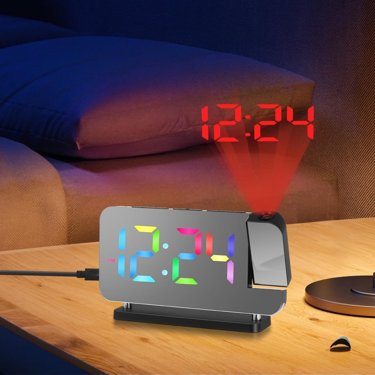Projection Alarm Clock RGB Night Light LED Display USB Bedside Clock