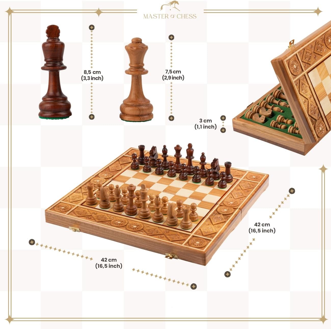 42cm Handcrafted Wooden Chess Set RUBY | Sculpted Pieces | Luxury Foldable Board