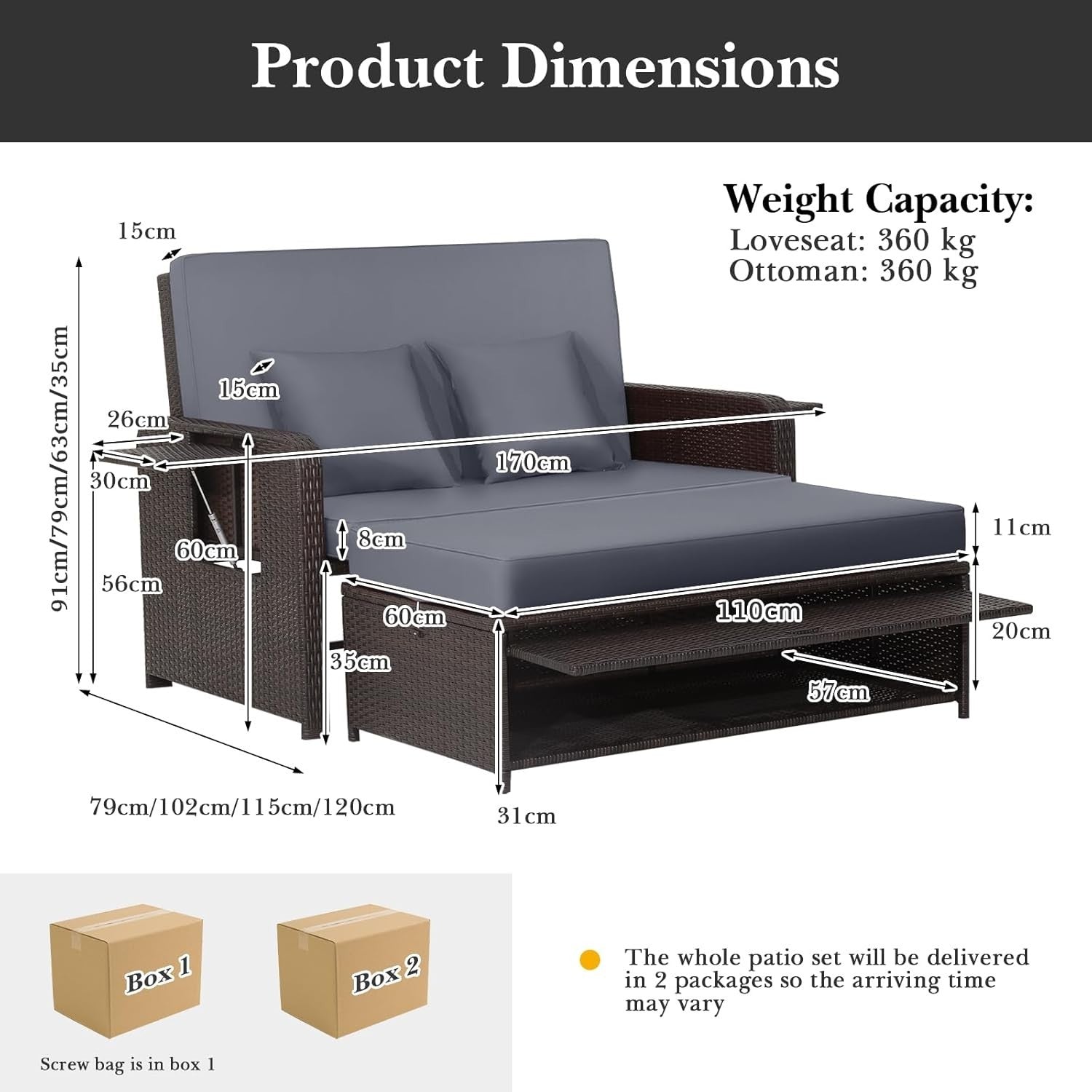 Grey+Brown 2-Seater Rattan Outdoor Daybed with Adjustable Back, Ottoman & Cushio