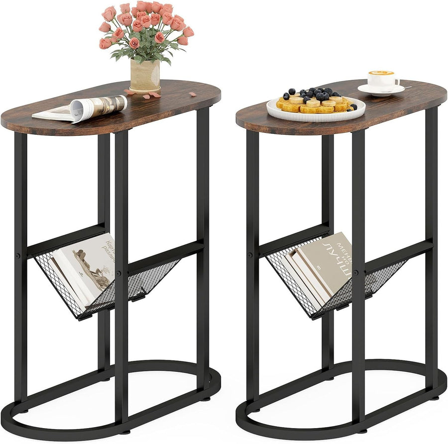 Slim Oval Side Table Set 2-Tier Metal Frame with Magazine Holder Small Space