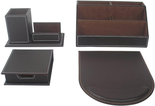 4-Piece Brown PU Leather Desk Organizer Set with Mousepad & Pen Holder