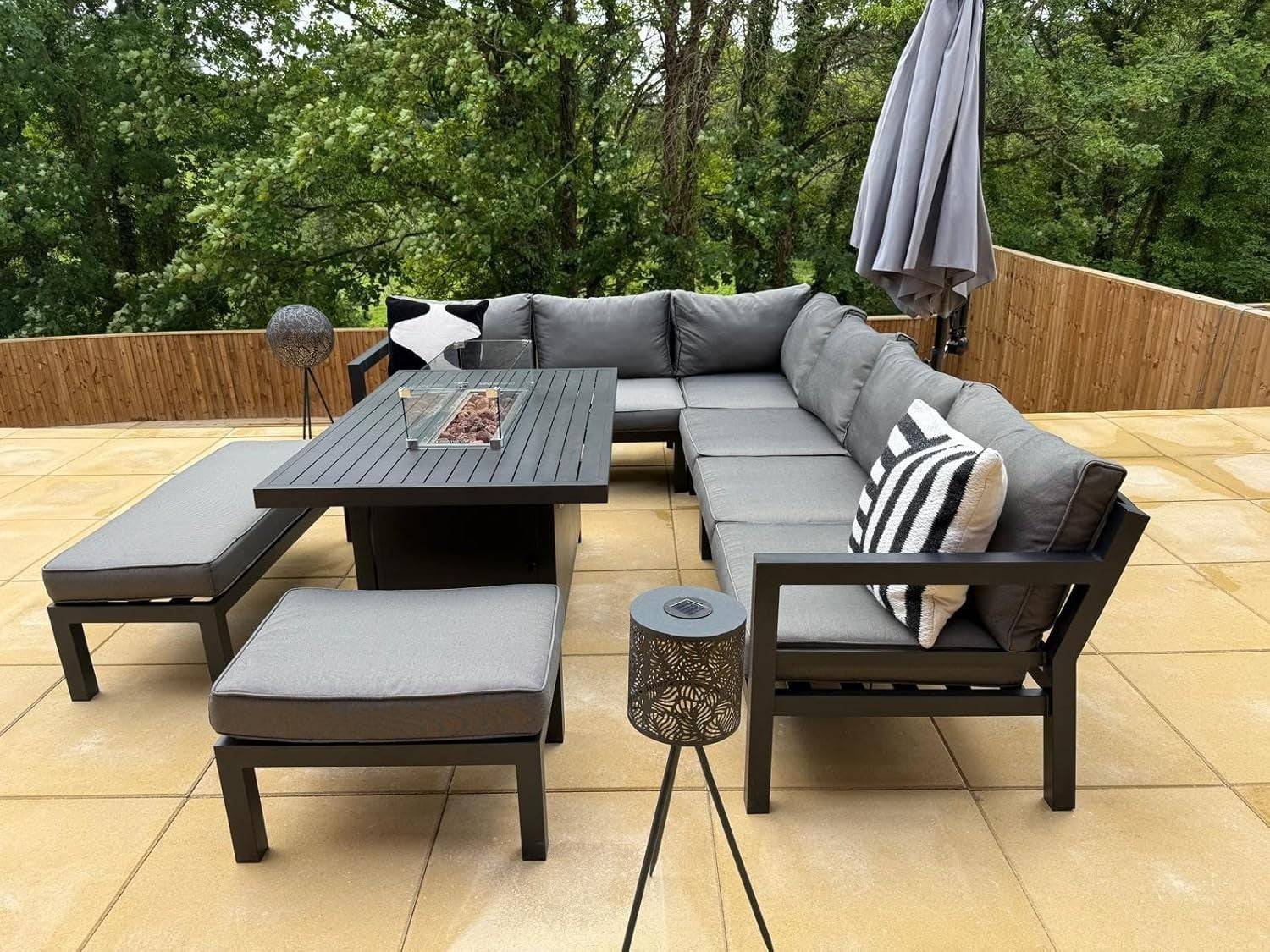 Corner Garden Sofa Set with Fire Pit Table Outdoor Aluminium Lounge Set
