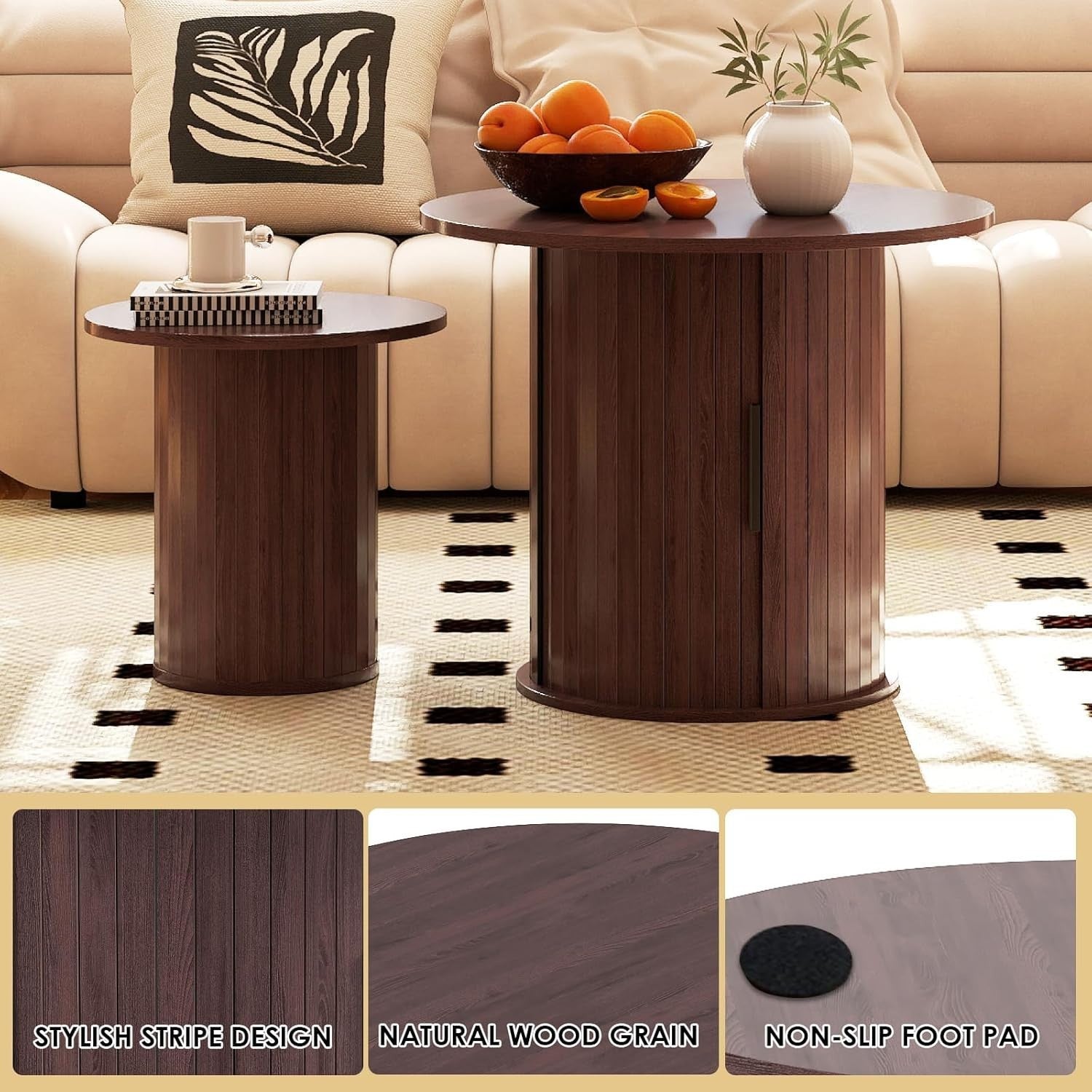 2-Piece 60cm Round Nesting Coffee Table Set with Hidden Storage, Dark Brown