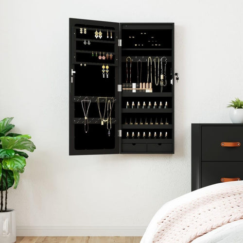 LED Wall Mounted Jewelry Cabinet Mirror Lockable Storage Organizer Black