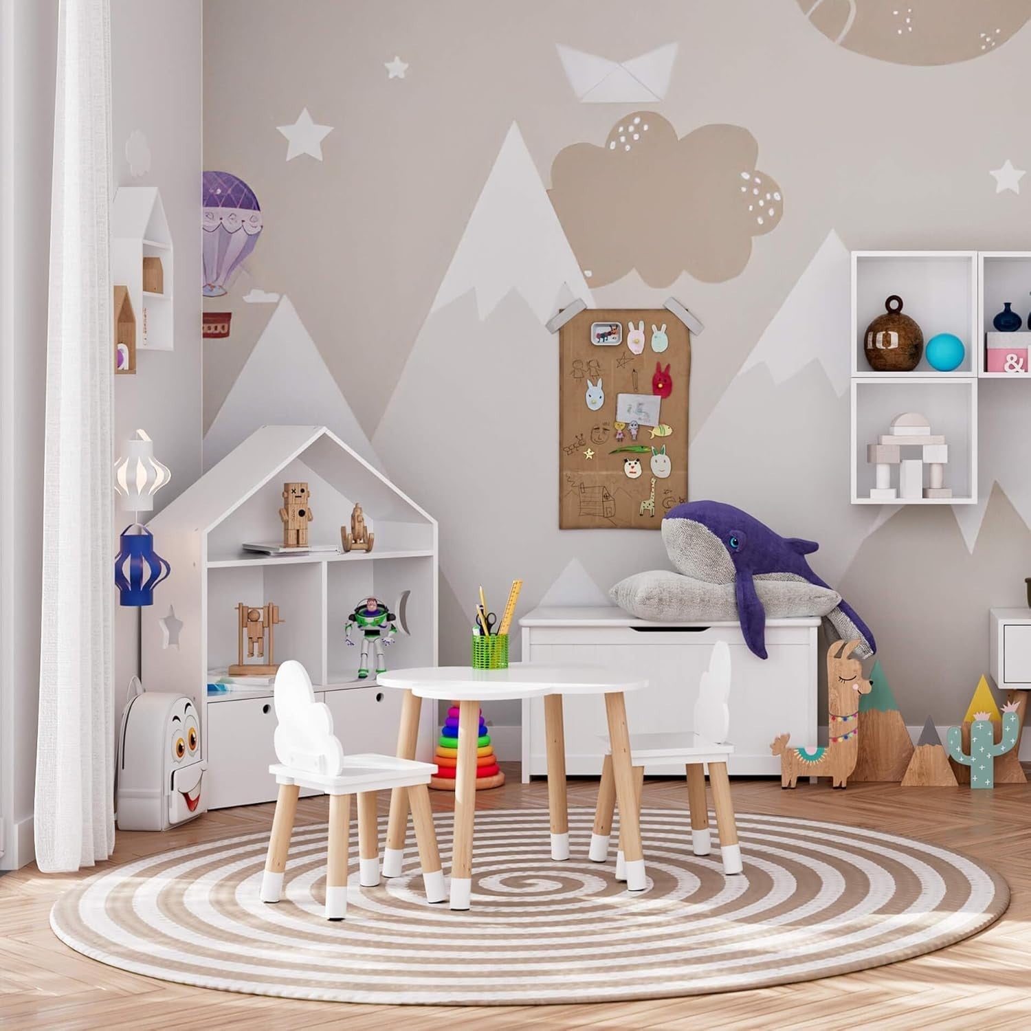 Kids Table and Chair Set with Rounded Edges, Scandinavian Style, Durable MDF
