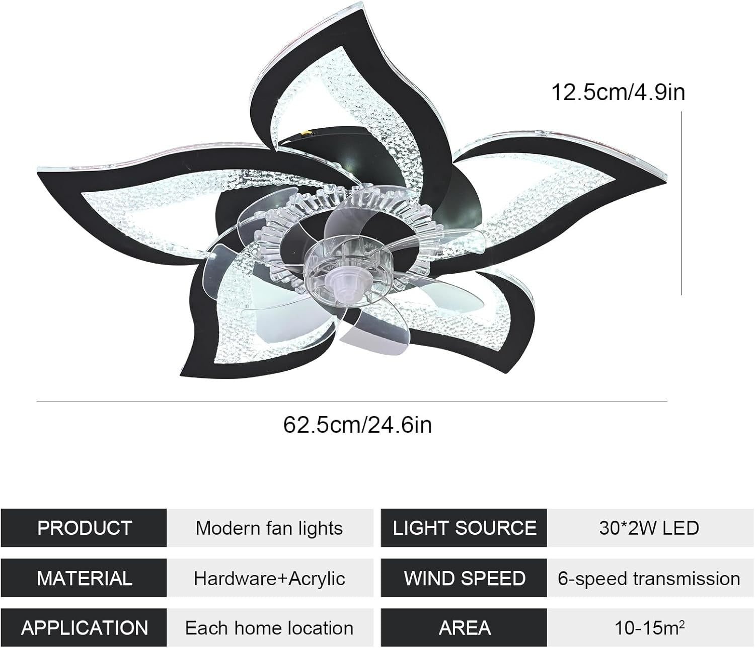 62.5CM Ceiling Fan Light, 6 Speeds, Dimmable LED, Remote, Memory, Black Flower