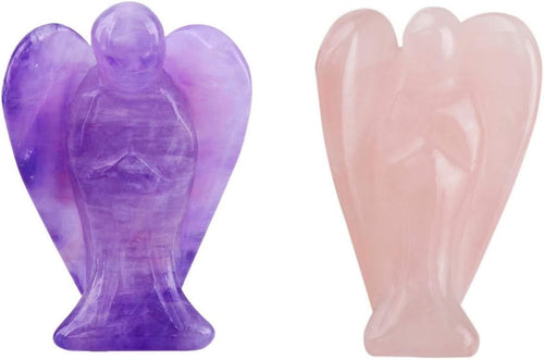 Crystal Guardian Angel Figurines Set Rose Quartz & Amethyst 1.5" Ornament