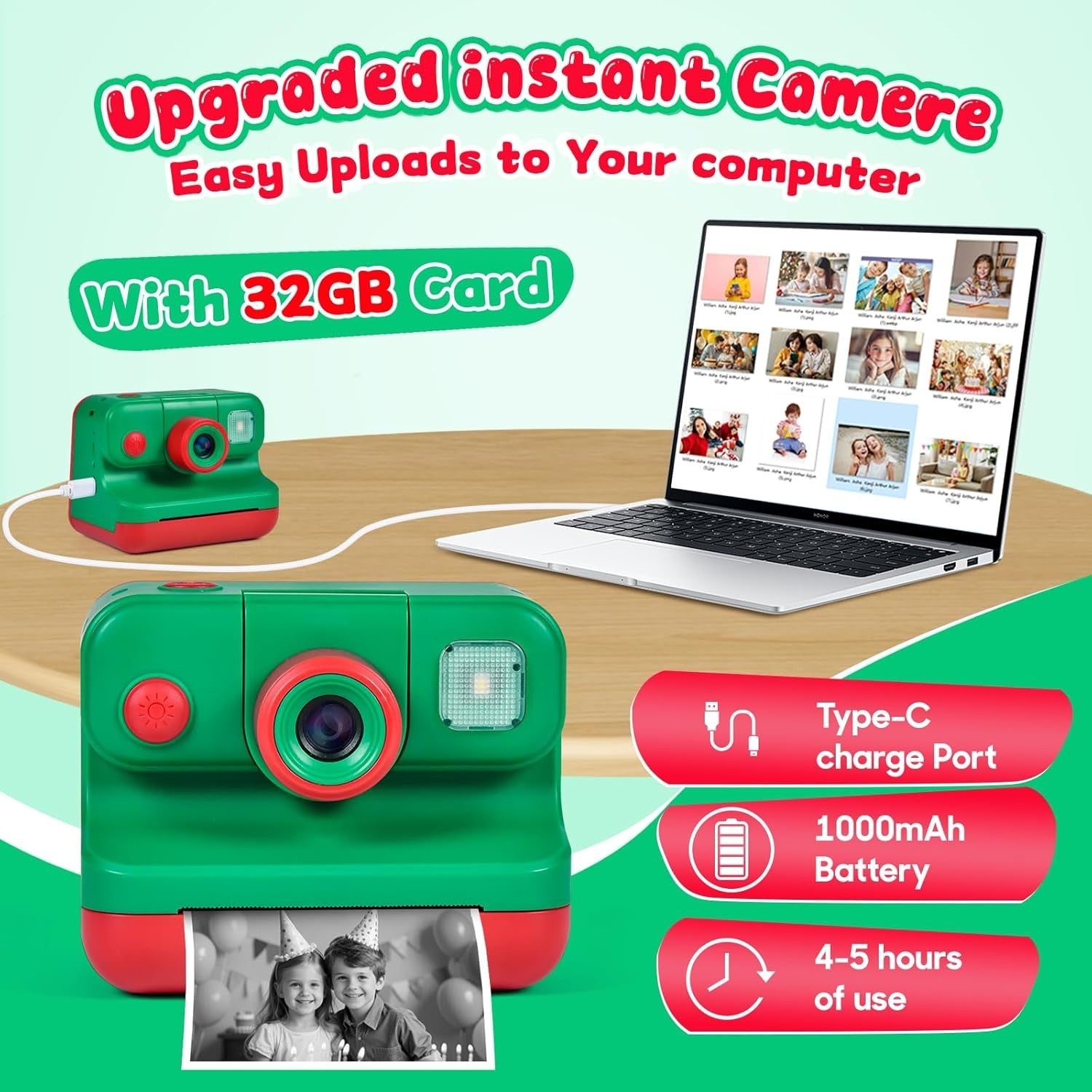 Kids Instant Print Camera 30MP 1080P HD Digital Camera 32GB Card Toy