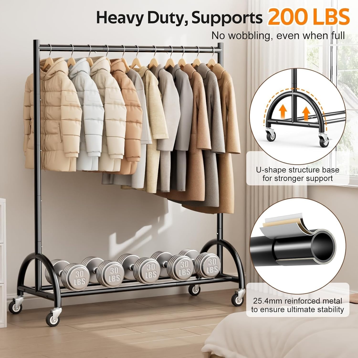 Heavy Duty Clothes Rail on Wheels with Shelf, Metal Rack Black