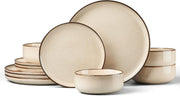 12pc Stoneware Dinner Set for 4 Cream Plates Bowls Microwave Safe
