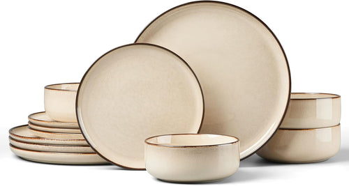 12pc Stoneware Dinner Set for 4 Cream Plates Bowls Microwave Safe