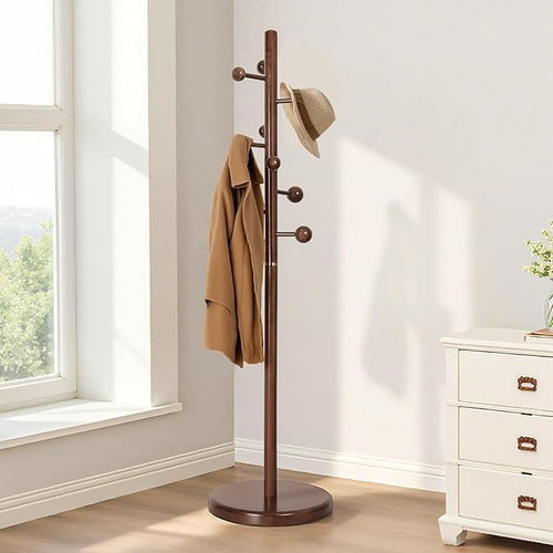 9-Hook Solid Wood Coat Rack 184cm Walnut Finish Freestanding Hall Stand